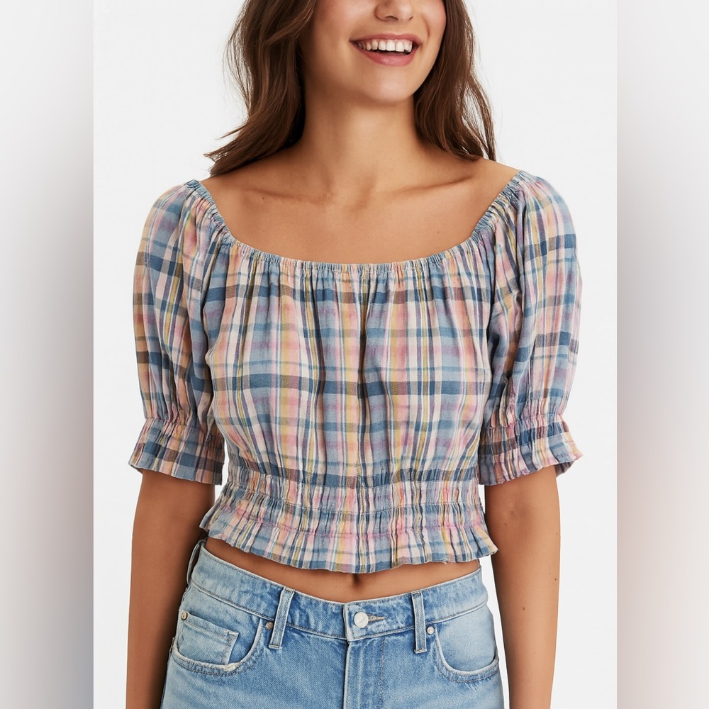 American Eagle XS Plaid Cropped Off the Shoulder Puff Sleeve Top